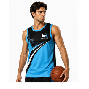 เสื้อบาสเก็ตบอลแขนกุดผู้ชายสีน้ำเงินดำ พิมพ์ลายแบบ Sublimation ระบายอากาศได้ดี รุ่นมาตรฐานสากล - Product Image 2