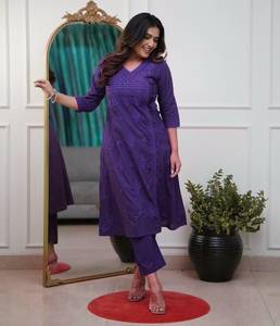 Women's Purple Cotton <b>Chikankari</b> Embroidery A-Line Kurti with Pant Regular Fit Knee Length Casual Wear <b>Suit</b> Set - Product Image 1