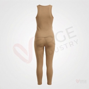 Ensemble 2 pièces pour femme : débardeur beige sans coutures et leggings, col rond, longueur intégrale, vêtements de yoga et de détente - Product Image 2