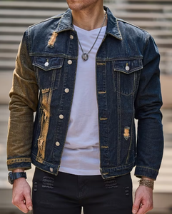 Hardihood International Veste en jean déchirée pour homme, bleu, effet délavé, patchwork, style streetwear décontracté, fermeture boutonnée, coupe classique - Product Image 3