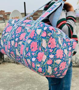 Handmade Floral Print Duffel <b>Bag</b> Blue Pink Cotton Quilted Weekender Travel <b>Bag</b> <b>Large</b> Capacity Zipper Closure - Product Image 2