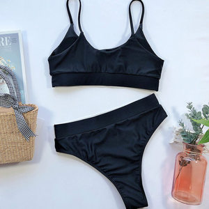 Conjunto de Bikini Morado para Mujer, Top Bandeau, Braguita Tanga, Ribete en Contraste, Secado Rápido, Traje de Baño de Color Sólido, Spandex y Nailon - Product Image 3