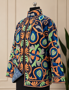 Manteaux ethniques de boutique pour femme, bleu marine, motif cachemire, col montant, cousus main, style Jaipuri, séchage rapide, style bohème artistique, multi-saisons, collection héritage - Product Image 2