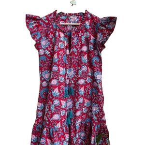 Main Bloc Imprimé Femmes Robe Midi Boho Coton Gaze D'été Robe Courte avec Gland Décoration Style Indien - Product Image 1