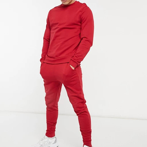 Survêtement pour homme, couleur rouge unie, col rond, manches longues, jogging décontracté avec poches latérales, taille élastique, polyester mi-lourd - Product Image 1