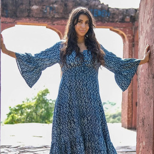 Indigo Hand-Block Printed Cotton <b>Maxi</b> Dress with Flare Bell Sleeves Casual Bohemian Summer Long One Piece Gown for Women - Product Image 1