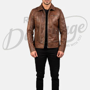 เสื้อแจ็คเก็ตหนังสีน้ำตาลสำหรับผู้ชาย คอปกคลาสสิก หนังแกะแท้ สำหรับฤดูใบไม้ร่วงและฤดูหนาว สวมใส่สบาย ซิปหน้า ทรงเข้ารูป เหมาะสำหรับผู้บริหาร - Product Image 4