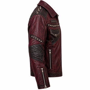 Mens Red Black Distressed Leather Jacket Gothic Reaper Printed <b>Studded</b> Spiked Biker Coat Custom Factory OEM Wholesale Outerwear - Product Image 3