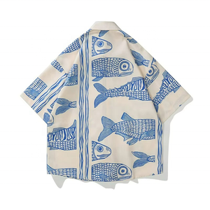 Chemises décontractées pour hommes, style américain oversize, nouvelle collection été 2026, imprimé petits poissons, mode urbaine tendance, personnalisées - Product Image 1