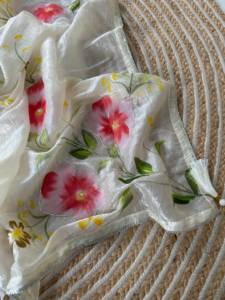 Sari indien ethnique en organza de soie peint à la main à motifs floraux, vente en gros, créateur, pour soirée, couleur crème, en tissu froissé transparent, traditionnel pour femme - Product Image 3