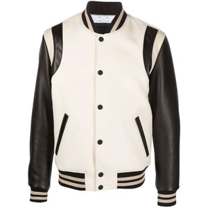 Men's Varsity Jacket Cream PU Leather Black Sleeve Regular Fit Turn-down Collar Button Closure Autumn Casual Style - Product Image 1
