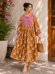 Robe midi pour femme de style bohème avec panneau à rayures contrastées, manches bouffantes, coupe ample en A, en coton, robe décontractée d'été - Product Image 1
