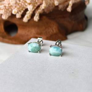 Pendientes ovalados de plata de ley 925 con larimar, pendientes de piedras preciosas naturales, joyería para mujer, regalo de Navidad para ella - Product Image 1