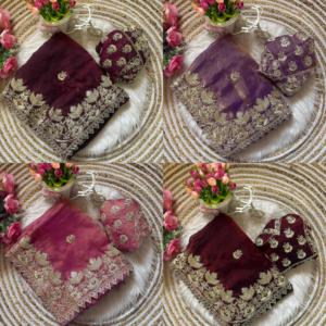 ผ้าไหมส่าหรีดีไซน์พิเศษ พร้อมเสื้อคลุมหรูหรา ทันสมัย สวยงาม โดดเด่น  แบบอินเดีย  สำหรับงานแต่งงาน  งานเลี้ยง  และโอกาสพิเศษต่างๆ สำหรับผู้หญิง - Product Image 1