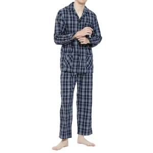 Pyjama à carreaux bleu marine pour homme, en coton lisse et respirant, à manches longues, durable, décontracté, ensemble de vêtements de nuit pour homme - Product Image 1