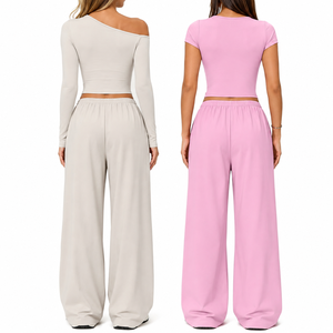 Ensemble de yoga deux pièces : Crop top épaules dénudées et pantalon large, couleur unie, respirant, taille haute avec cordon de serrage, tenue de sport - Product Image 2