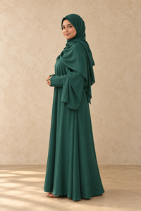 Mishkat Couture - Elegante Abaya Maxi de Gasa Verde Esmeralda con Hijab a Juego, Puños con Cremallera y Lazos para los Dedos, para Mujeres Musulmanas, Modesta, Islámica - Product Image 5
