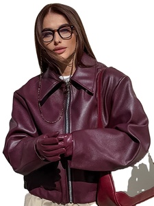 Blouson bomber en cuir PU violet pour femme, col rabattu, fermeture éclair, manches longues, style automne - Product Image 1
