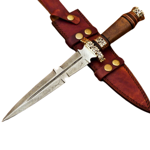 Cuchillo de Damasco Hecho a Mano con Mango de Madera Marrón, Guarda Decorativa Dorada, Hoja Fija con Patrón y Funda de Cuero Marrón - Product Image 1