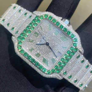 Reloj de Lujo con Incrustaciones de Moissanita VVS, Acero Inoxidable, Automático, Esmeralda Verde, Bisel con Diamantes, Números Romanos, Caja Cuadrada de 41 mm, Estilo Hip Hop - Product Image 2