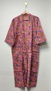 Indian Hand Printed Pink Women's <b>Kimono</b> Robe Sleepwear Casual <b>Beach</b> Wear Bathrobe Spring Summer 100% Cotton V-neck Drawstring - Product Image 3