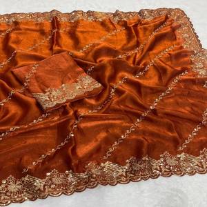 VASTRA COTTAGE Saree de seda espesa con bordado de lentejuelas y Zari, blusa bordada, Saree de diseñador festivo - Product Image 2