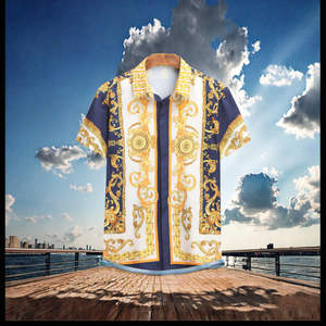 Chemise décontractée d'été pour homme 2026 à imprimé hawaïen, personnalisable avec logo, tissée de luxe dorée, nouveau style de vêtement masculin - Product Image 6