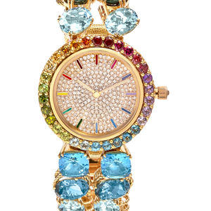 Montre ronde de luxe pour femme avec cadran en strass et bracelet en pierres précieuses en or jaune - Product Image 2