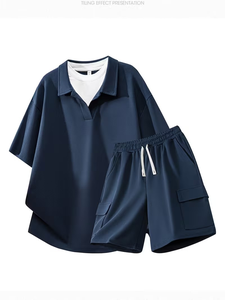 Men's Summer Knitted Fabric Quick Dry 100% Cotton Loose Comfortable Easy Trendy Design Style Premium Feel Two-Piece Polo Set - Product Image 2