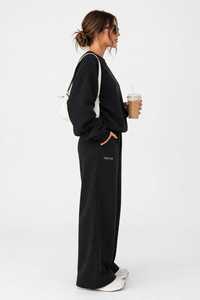 <b>Women's</b> <b>Black</b> Loose Fit Turtleneck Anti-Shrink 100% Cotton Sweatshirt & Wide Leg Split Hem <b>Pants</b> Casual Tracksuit Set - Product Image 5
