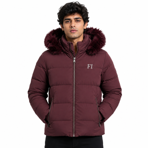 Oversized Padded Coat Puffer jacket with side pockets a zip closure detachable fur hood Fabric Parachute Bulk Men's Jackets USA - Product Image 1