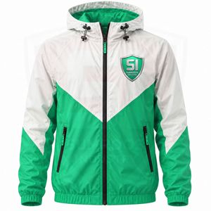 Veste coupe-vent à capuche pour homme Sumroos Industry, couleur verte et blanche, style sportif, fermeture éclair sur le devant, logo, coupe classique, vêtement d'automne - Product Image 1