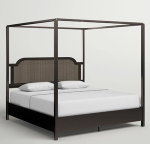 Modern Wooden Canopy <b>Bed</b> <b>Frame</b> King Size Upholstered <b>Rattan</b> Headboard Black and Natural Bedroom Furniture - Product Image 4