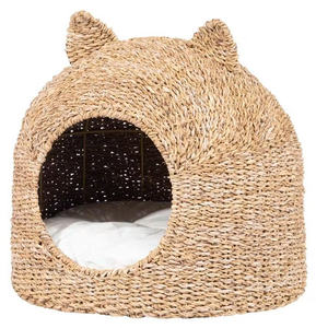 Lit pour animaux de compagnie en jacinthe d'eau, forme de chat élégante et mignonne, avec coussin, fait main en osier, maisonnette confortable pour chat et chien, nid douillet pour petits animaux, lit décoratif - Product Image 3