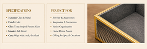 Taupe Striped Glass Jewelry Storage <b>Box</b> with Gold Metal Frame Crystal Clear Lid <b>Soft</b> Felt Interior Decorative Keepsake Organizer - Product Image 3