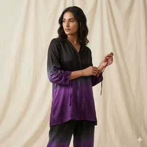 Ensemble Kurta et pantalon pour femme en modal satiné noir et violet dégradé, col en V, coupe décontractée, élégant, décontracté, tenue ethnique - Product Image 1
