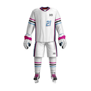 Ensemble d'uniformes de hockey sur glace personnalisés, rayé blanc, rose et bleu, sublimé, 100 % polyester, pour hommes, manches longues, col en V, vêtements respirants en maille - Product Image 1