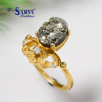 Bague en Pyrite Naturelle Plaqué Or Argent Sterling 925, Style Vintage Floral Filigrané, Bague Statement avec Pierre Précieuse pour Femme