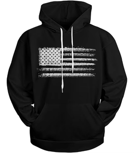 <b>Men's</b> Black Hooded Sweatshirt With White Print Casual Long Sleeve <b>Pullover</b> Regular Fit Cotton French Terry - Product Image 1