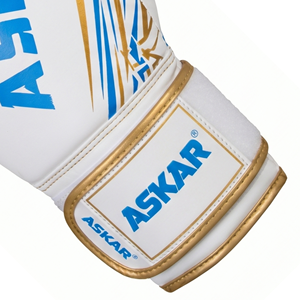 Askar Boxing Gloves White Blue Gold Sublimation Print <b>Velcro</b> Closure Breathable Training Gloves for Adults - Product Image 4