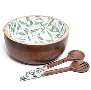 Bol à salade et à mélanger en bois fait main avec motif imprimé émaillé pour la cuisine et la salle à manger, bol décoratif en bois de manguier pour fruits - Product Image 5