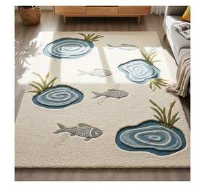 ภาพทิวทัศน์ที่ได้รับแรงบันดาลใจจากธรรมชาติ แสดงปลาที่ว่ายน้ำในบ่อที่มีน้ำกระเพื่อมและหญ้าหรือต้นกกสูง  งานปักมือแบบขนสั้นตัดสูง - Product Image 1