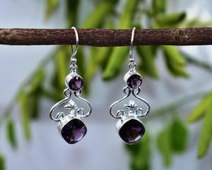 African Amethyst Sterling <b>Silver</b> <b>Earrings</b> Two Stone Boho <b>Dangle</b> <b>Earrings</b> Handmade Gemstone Jewelry Gift for Women - Product Image 2