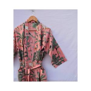 Peignoir en tissu 100% coton imprimé bloc à la main avec cordon de serrage Peignoirs de bain toutes saisons - Product Image 3