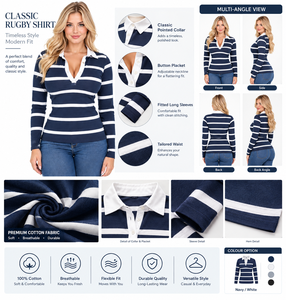 <b>Women's</b> <b>Navy</b> White Striped Long Sleeve for Shirt Button-Up Collar Knitted Breathable Summer Casual <b>Top</b> 100% Cotton Loose Fit - Product Image 5