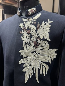 Blue Floral Hand Embroidered Bandhgala Jacket Indo Western <b>Prince</b> <b>Coat</b> Stretchable Wedding Party Formal Wear - Product Image 5