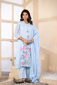 Ensemble de costume brodé floral en coton Mul bleu de qualité supérieure pour femmes, vêtements ethniques pour les acheteurs en gros - Product Image 1