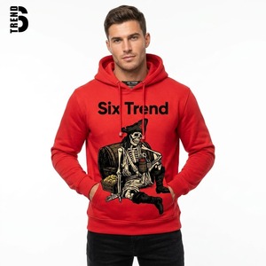 Sudadera con Capucha Personalizada para Hombre, Estilo Urbano, Color Rojo, Algodón Grueso, Estampado Gráfico de Esqueleto Pirata, Sudadera Extra Grande - Product Image 1