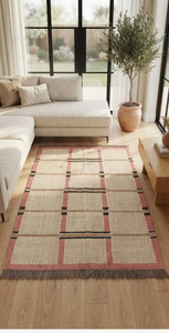 Pink Grid Wool Jute Area <b>Rug</b> Handmade Farmhouse Carpet Geometric Boho Rustic Living Room Bedroom <b>Natural</b> Fiber Floor <b>Rug</b> - Product Image 4