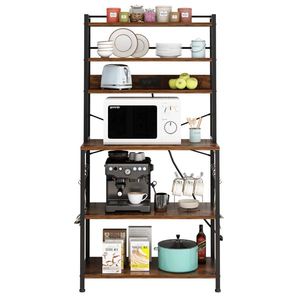 6-Layer Retro Brown Plate B Microwave Oven Rack with 10 S Hooks Strips 80*40*170cm Particle Board Melamine Paste Kitchen Storage - Product Image 6